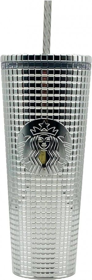 Starbucks 2023 Holiday Silver Chrome Grid Tumbler 24oz Venti Size Silver | 370LWFPJK