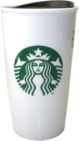 Starbucks Classic White And Green Coffee Traveler Tumbler Double Wall Ceramic Coffee Travel 12 Oz White | 065HQXWAF