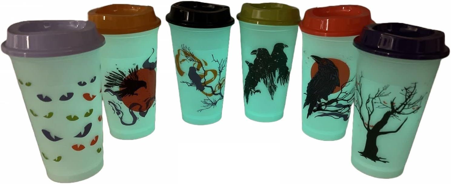 Starbucks Fall 2022 Reusable Plastic Hot Cups With Lids Glow In The Dark Halloween 6 Cups 16 Oz Each Multicolor | 184BRKZOE