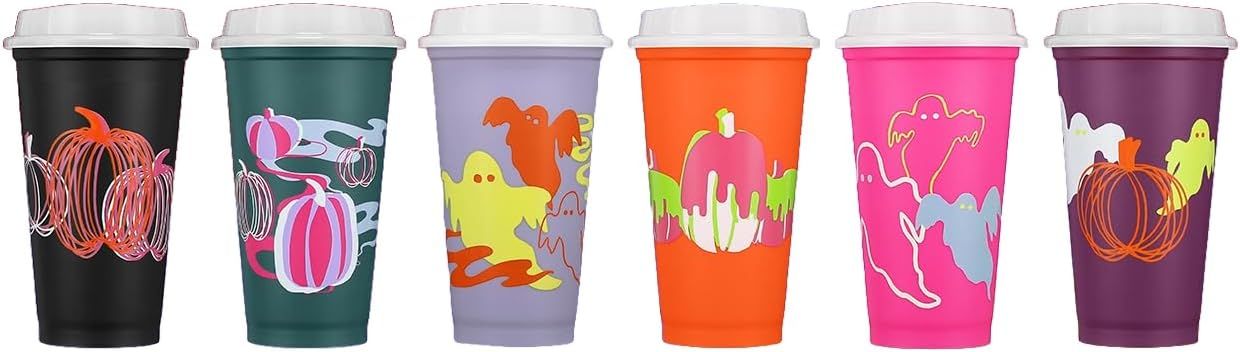 Starbucks Fall 2023 Reusable Plastic Hot Cups With Lids Glow In The Dark Halloween 6 Cups 16 Oz Each Multicolor | 291INHEGV