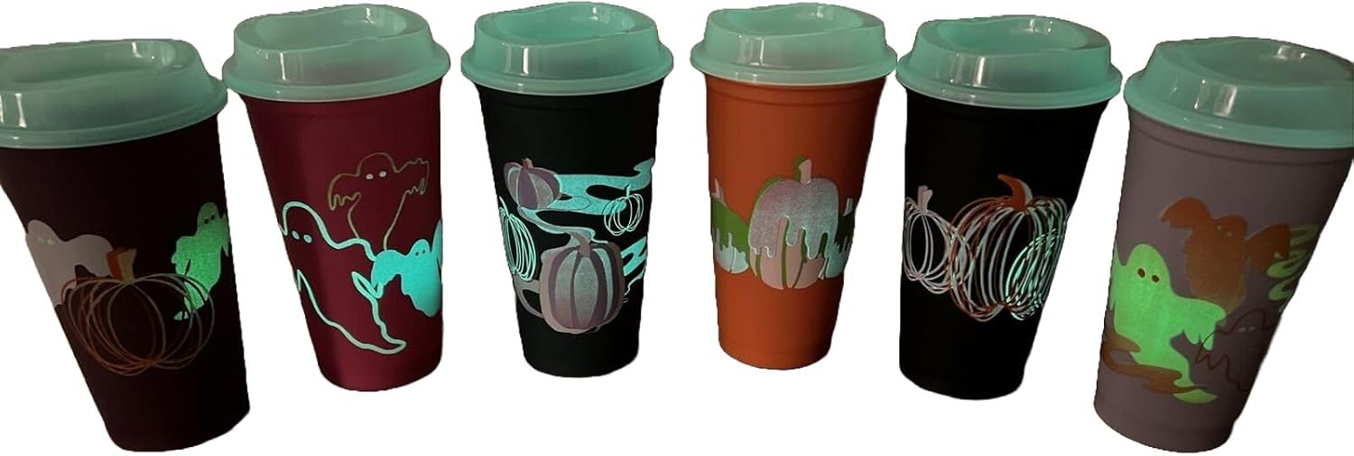 Starbucks Fall 2023 Reusable Plastic Hot Cups With Lids Glow In The Dark Halloween 6 Cups 16 Oz Each Multicolor | 291INHEGV