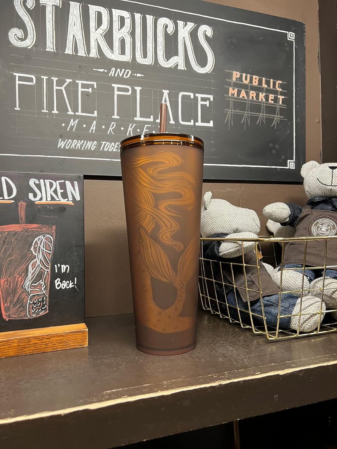 Starbucks The First Store Pike Place Amber Siren Soft Touch Plastic Cold Cup Brown | 956ALWRSB